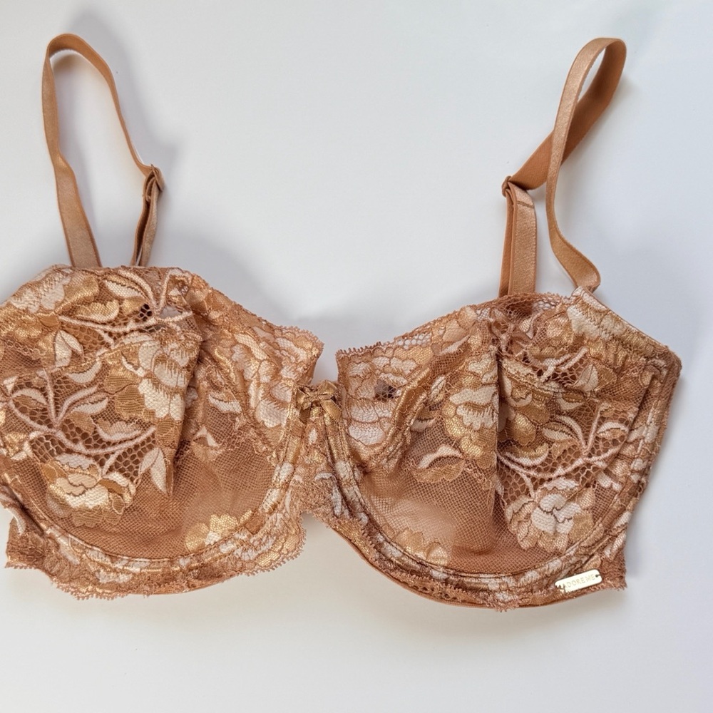 Adore Me Lace Underwire Balconette Bra in Tan with Floral Embroidery 34G
